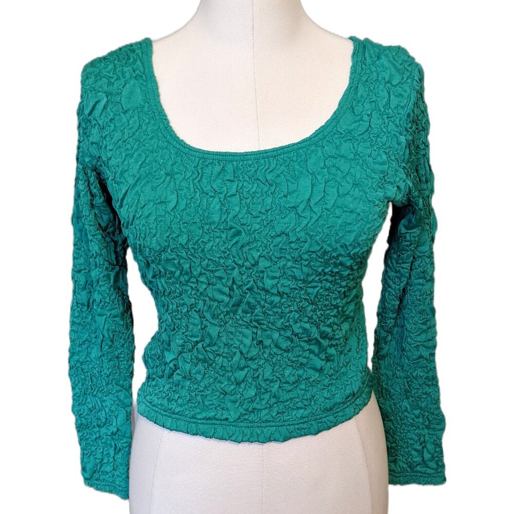 Vintage Y2K Green Teal Bubble Top Long Sleeve Crinkle Stretchy Scoop Neck Sz M